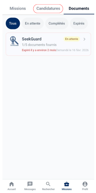 Écran des candidatures avec la liste de toutes les demandes en cours